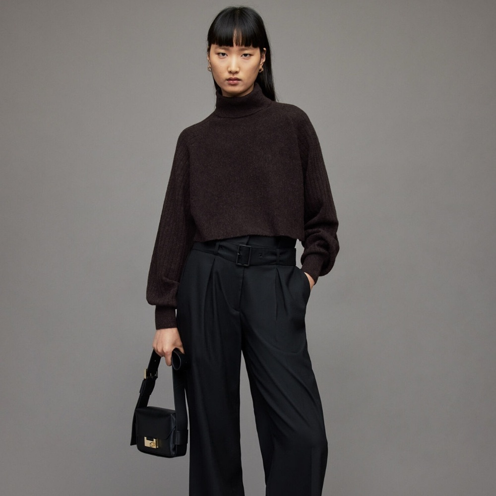 AllSaints Margot Ribbed Roll Neck Sweater XS - Dark Brown Merino Yak Wool Blend
